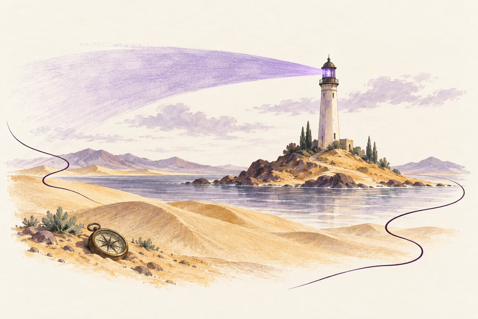 A lighthouse in a golden desert beneath a violet sky.